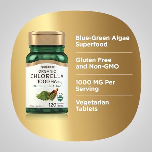 Piping Rock Chlorella 1000 mg – 120 Tabletten – Organische Blaualgen mit gebrochener Zellwand – Non-GMO, Glutenfrei
