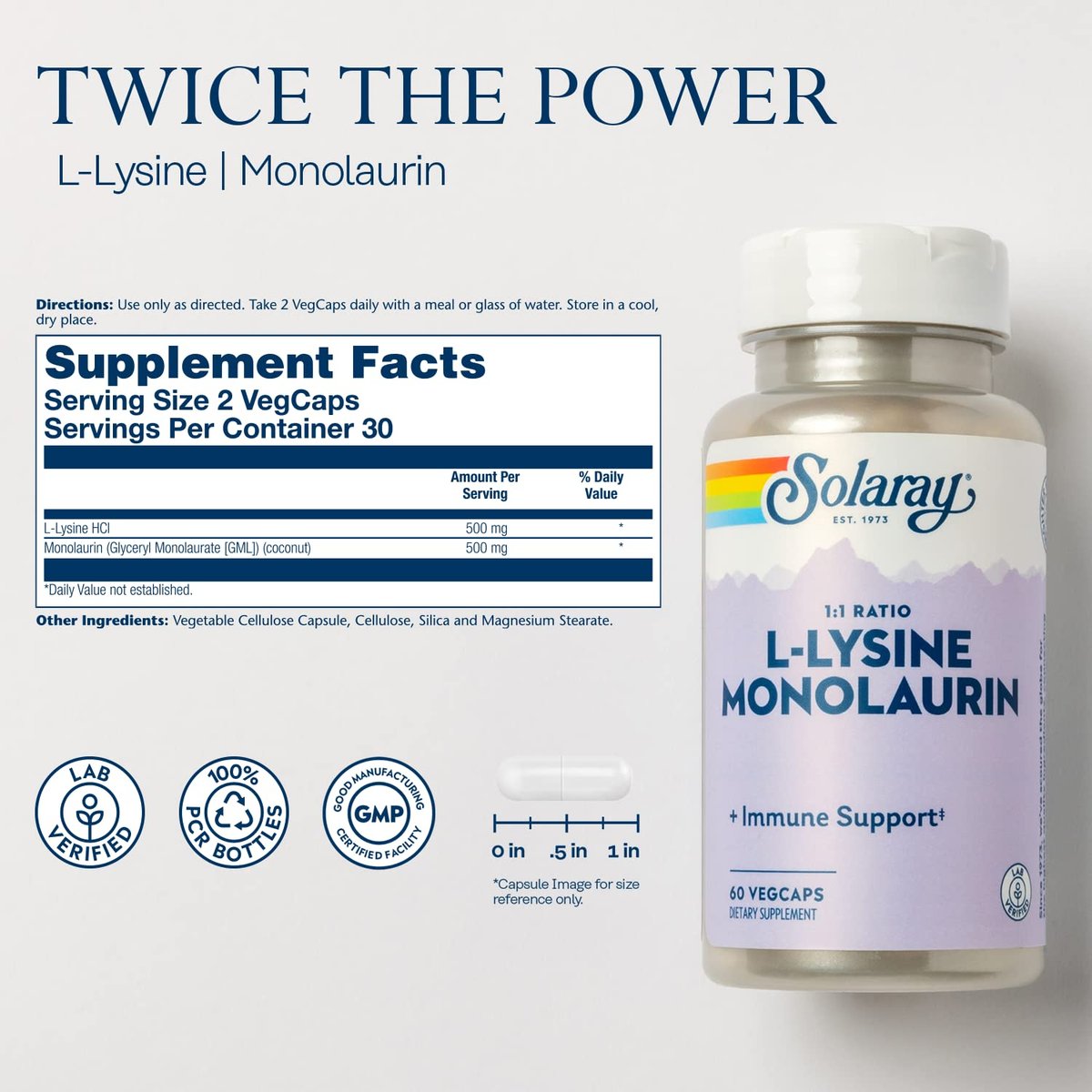 SOLARAY L-Lysin Monolaurin Immununterstützung, 1:1 Verhältnis, 500 mg pro Kapsel, 60 vegane Kapseln