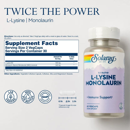 SOLARAY L-Lysin Monolaurin Immununterstützung, 1:1 Verhältnis, 500 mg pro Kapsel, 60 vegane Kapseln