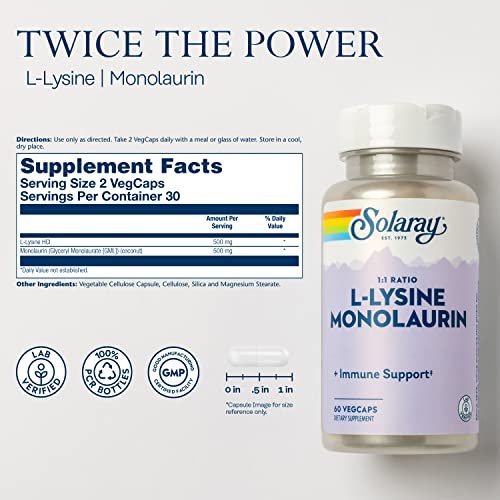 SOLARAY L-Lysin Monolaurin Immununterstützung, 1:1 Verhältnis, 500 mg pro Kapsel, 60 vegane Kapseln