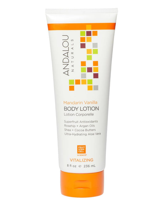 Andalou Naturals Vitalizing Body Lotion Mandarin Vanilla – Feuchtigkeitsspendende Körperlotion mit Sheabutter, Kakaobutter, Hagebuttenöl, Arganöl & Aloe Vera für trockene Haut – 237 ml