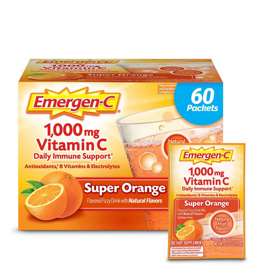 Emergen-C 1000 mg Vitamin C Pulver – Tägliche Immununterstützung, koffeinfrei, mit Zink, Mangan, B-Vitaminen und Elektrolyten, Super Orange Geschmack – 60 Portionen (2 Monate Vorrat)