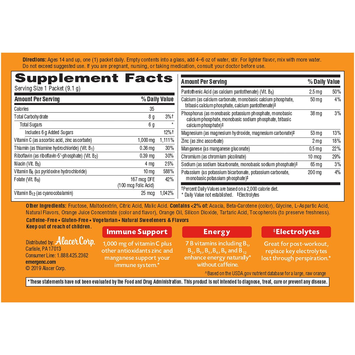 Emergen-C 1000 mg Vitamin C Pulver – Tägliche Immununterstützung, koffeinfrei, mit Zink, Mangan, B-Vitaminen und Elektrolyten, Super Orange Geschmack – 60 Portionen (2 Monate Vorrat)