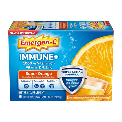 Emergen-C Immune+ Triple Action Immununterstützung Pulver mit BetaVia®, 1000 mg Vitamin C, B-Vitaminen, Vitamin D und Antioxidantien, Super Orange – 30 Portionen