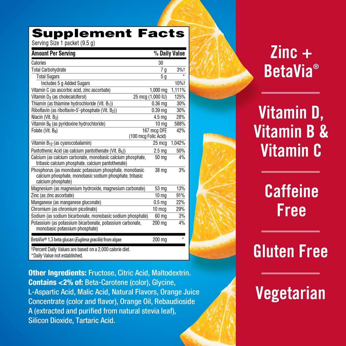 Emergen-C Immune+ Triple Action Immununterstützung Pulver mit BetaVia®, 1000 mg Vitamin C, B-Vitaminen, Vitamin D und Antioxidantien, Super Orange – 30 Portionen