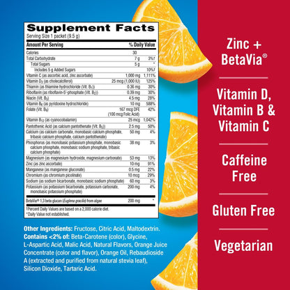 Emergen-C Immune+ Triple Action Immununterstützung Pulver mit BetaVia®, 1000 mg Vitamin C, B-Vitaminen, Vitamin D und Antioxidantien, Super Orange – 30 Portionen