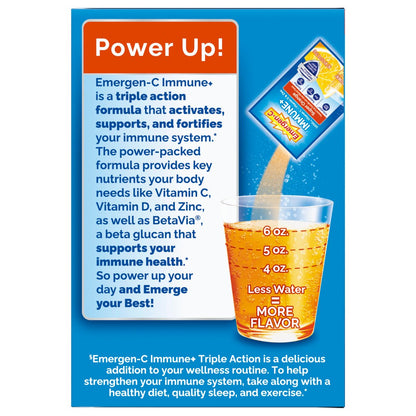 Emergen-C Immune+ Triple Action Immununterstützung Pulver mit BetaVia®, 1000 mg Vitamin C, B-Vitaminen, Vitamin D und Antioxidantien, Super Orange – 30 Portionen
