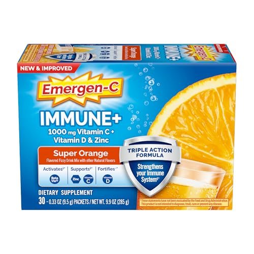 Emergen-C Immune+ Triple Action Immununterstützung Pulver mit BetaVia®, 1000 mg Vitamin C, B-Vitaminen, Vitamin D und Antioxidantien, Super Orange – 30 Portionen