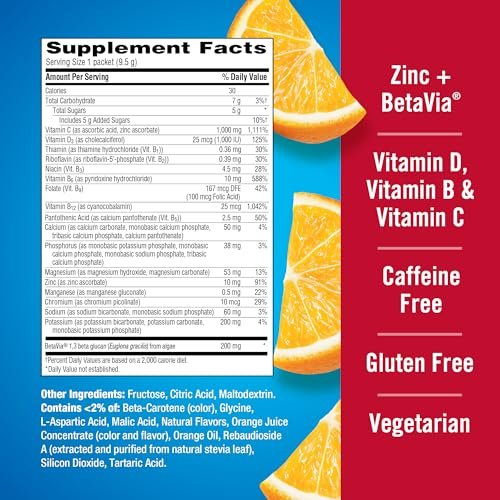 Emergen-C Immune+ Triple Action Immununterstützung Pulver mit BetaVia®, 1000 mg Vitamin C, B-Vitaminen, Vitamin D und Antioxidantien, Super Orange – 30 Portionen