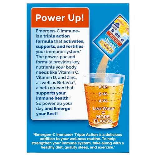 Emergen-C Immune+ Triple Action Immununterstützung Pulver mit BetaVia®, 1000 mg Vitamin C, B-Vitaminen, Vitamin D und Antioxidantien, Super Orange – 30 Portionen