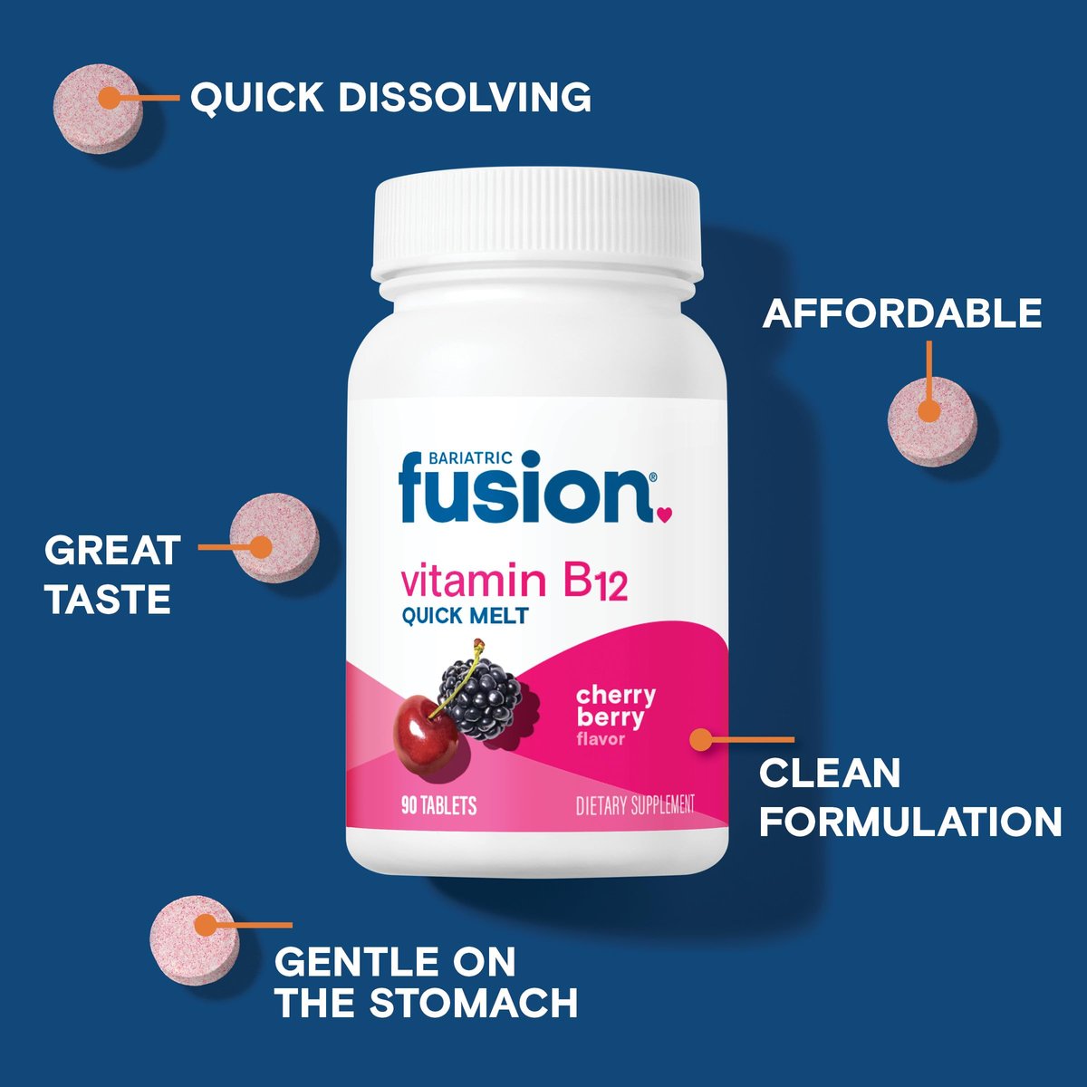 Bariatric Fusion Vitamin B12 Sublingual 1000 mcg Lutschtabletten | Kirschbeeren-Geschmack | Vitamin B12 zum Zergehen unter der Zunge mit Folsäure | Zuckerfrei | Methylcobalamin | 90 Stück
