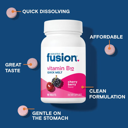 Bariatric Fusion Vitamin B12 Sublingual 1000 mcg Lutschtabletten | Kirschbeeren-Geschmack | Vitamin B12 zum Zergehen unter der Zunge mit Folsäure | Zuckerfrei | Methylcobalamin | 90 Stück