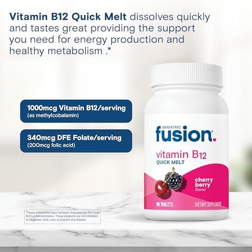Bariatric Fusion Vitamin B12 Sublingual 1000 mcg Lutschtabletten | Kirschbeeren-Geschmack | Vitamin B12 zum Zergehen unter der Zunge mit Folsäure | Zuckerfrei | Methylcobalamin | 90 Stück