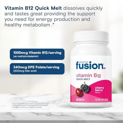 Bariatric Fusion Vitamin B12 Sublingual 1000 mcg Lutschtabletten | Kirschbeeren-Geschmack | Vitamin B12 zum Zergehen unter der Zunge mit Folsäure | Zuckerfrei | Methylcobalamin | 90 Stück