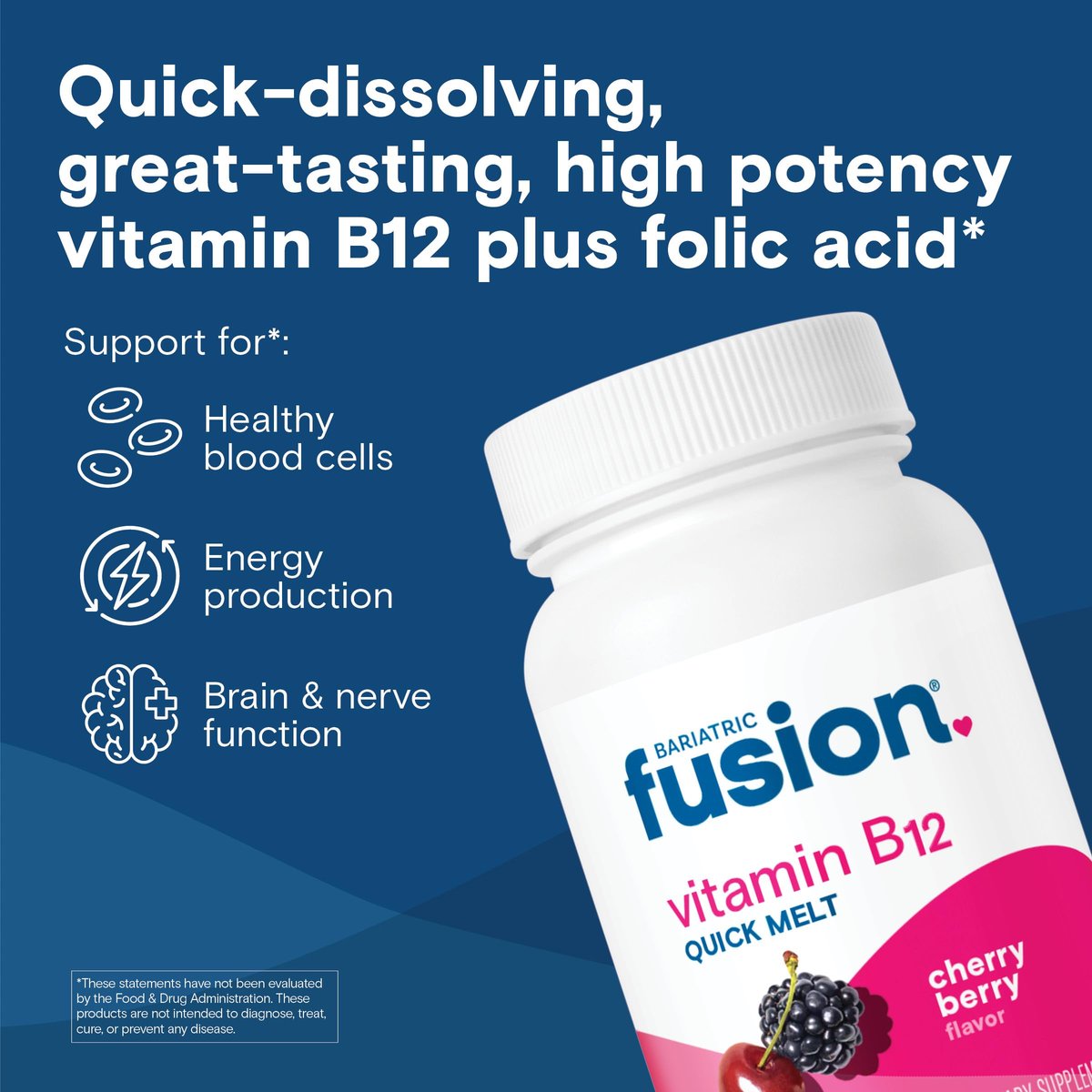 Bariatric Fusion Vitamin B12 Sublingual 1000 mcg Lutschtabletten | Kirschbeeren-Geschmack | Vitamin B12 zum Zergehen unter der Zunge mit Folsäure | Zuckerfrei | Methylcobalamin | 90 Stück