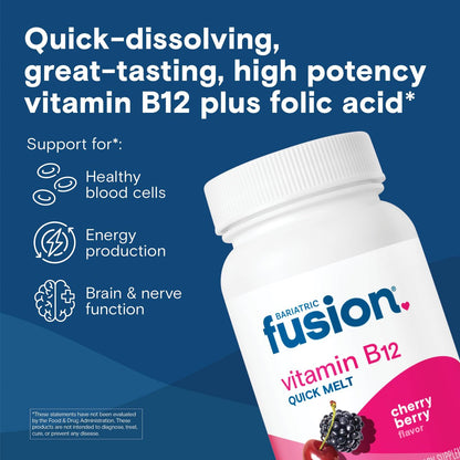 Bariatric Fusion Vitamin B12 Sublingual 1000 mcg Lutschtabletten | Kirschbeeren-Geschmack | Vitamin B12 zum Zergehen unter der Zunge mit Folsäure | Zuckerfrei | Methylcobalamin | 90 Stück