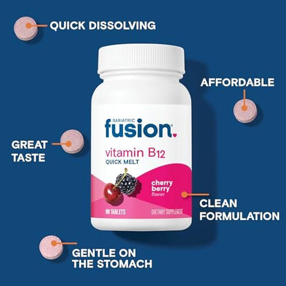 Bariatric Fusion Vitamin B12 Sublingual 1000 mcg Lutschtabletten | Kirschbeeren-Geschmack | Vitamin B12 zum Zergehen unter der Zunge mit Folsäure | Zuckerfrei | Methylcobalamin | 90 Stück