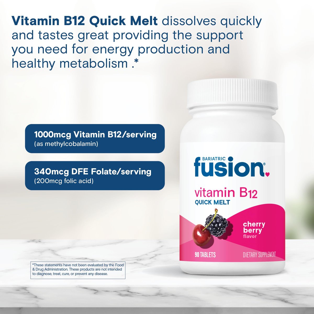 Bariatric Fusion Vitamin B12 Sublingual 1000 mcg Lutschtabletten | Kirschbeeren-Geschmack | Vitamin B12 zum Zergehen unter der Zunge mit Folsäure | Zuckerfrei | Methylcobalamin | 90 Stück