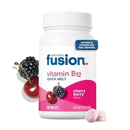Bariatric Fusion Vitamin B12 Sublingual 1000 mcg Lutschtabletten | Kirschbeeren-Geschmack | Vitamin B12 zum Zergehen unter der Zunge mit Folsäure | Zuckerfrei | Methylcobalamin | 90 Stück