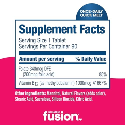 Bariatric Fusion Vitamin B12 Sublingual 1000 mcg Lutschtabletten | Kirschbeeren-Geschmack | Vitamin B12 zum Zergehen unter der Zunge mit Folsäure | Zuckerfrei | Methylcobalamin | 90 Stück