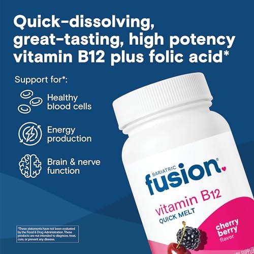 Bariatric Fusion Vitamin B12 Sublingual 1000 mcg Lutschtabletten | Kirschbeeren-Geschmack | Vitamin B12 zum Zergehen unter der Zunge mit Folsäure | Zuckerfrei | Methylcobalamin | 90 Stück