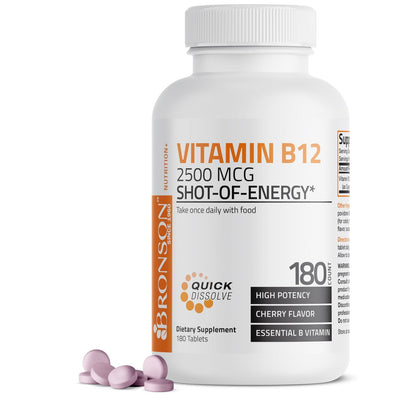 Vitamin B12 2500mcg Energy Shot – Schnell lösliche Kautabletten mit Kirschgeschmack – Unterstützt Nervensystem, Gehirnfunktion & Energieproduktion – 180 Stück