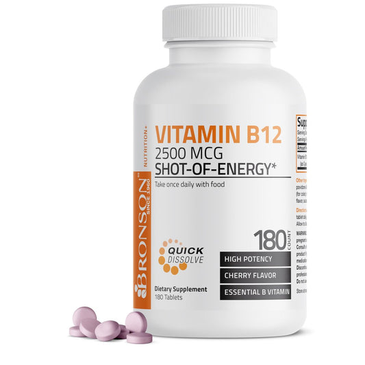 Vitamin B12 2500mcg Energy Shot – Schnell lösliche Kautabletten mit Kirschgeschmack – Unterstützt Nervensystem, Gehirnfunktion & Energieproduktion – 180 Stück