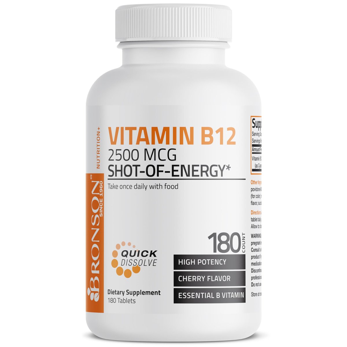 Vitamin B12 2500mcg Energy Shot – Schnell lösliche Kautabletten mit Kirschgeschmack – Unterstützt Nervensystem, Gehirnfunktion & Energieproduktion – 180 Stück