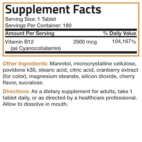 Vitamin B12 2500mcg Energy Shot – Schnell lösliche Kautabletten mit Kirschgeschmack – Unterstützt Nervensystem, Gehirnfunktion & Energieproduktion – 180 Stück
