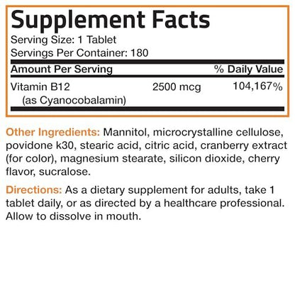 Vitamin B12 2500mcg Energy Shot – Schnell lösliche Kautabletten mit Kirschgeschmack – Unterstützt Nervensystem, Gehirnfunktion & Energieproduktion – 180 Stück