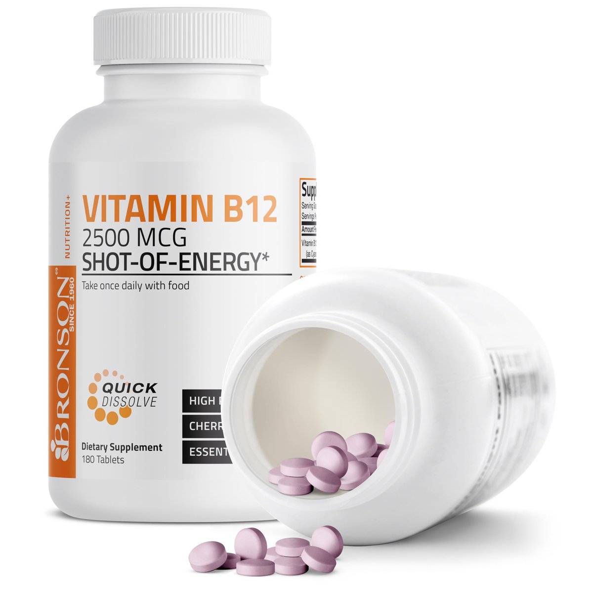 Vitamin B12 2500mcg Energy Shot – Schnell lösliche Kautabletten mit Kirschgeschmack – Unterstützt Nervensystem, Gehirnfunktion & Energieproduktion – 180 Stück