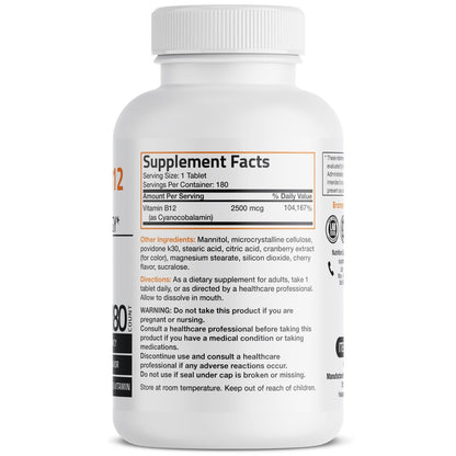 Vitamin B12 2500mcg Energy Shot – Schnell lösliche Kautabletten mit Kirschgeschmack – Unterstützt Nervensystem, Gehirnfunktion & Energieproduktion – 180 Stück