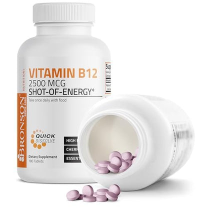 Vitamin B12 2500mcg Energy Shot – Schnell lösliche Kautabletten mit Kirschgeschmack – Unterstützt Nervensystem, Gehirnfunktion & Energieproduktion – 180 Stück