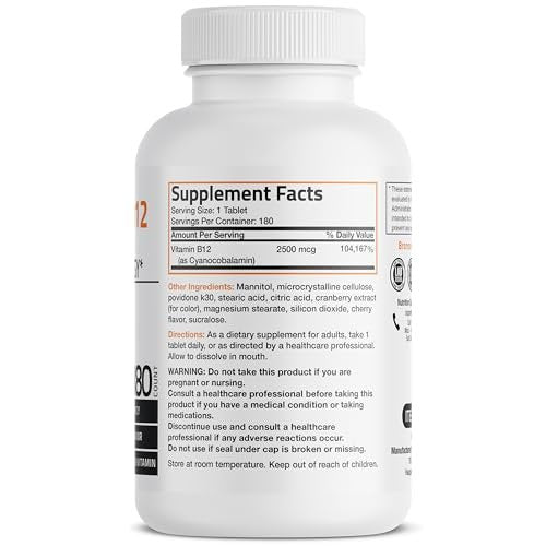 Vitamin B12 2500mcg Energy Shot – Schnell lösliche Kautabletten mit Kirschgeschmack – Unterstützt Nervensystem, Gehirnfunktion & Energieproduktion – 180 Stück