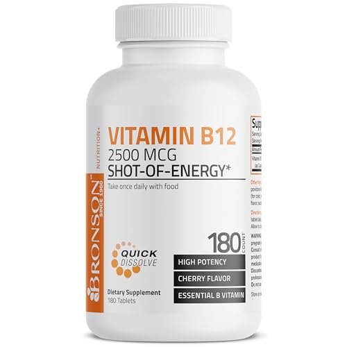 Vitamin B12 2500mcg Energy Shot – Schnell lösliche Kautabletten mit Kirschgeschmack – Unterstützt Nervensystem, Gehirnfunktion & Energieproduktion – 180 Stück