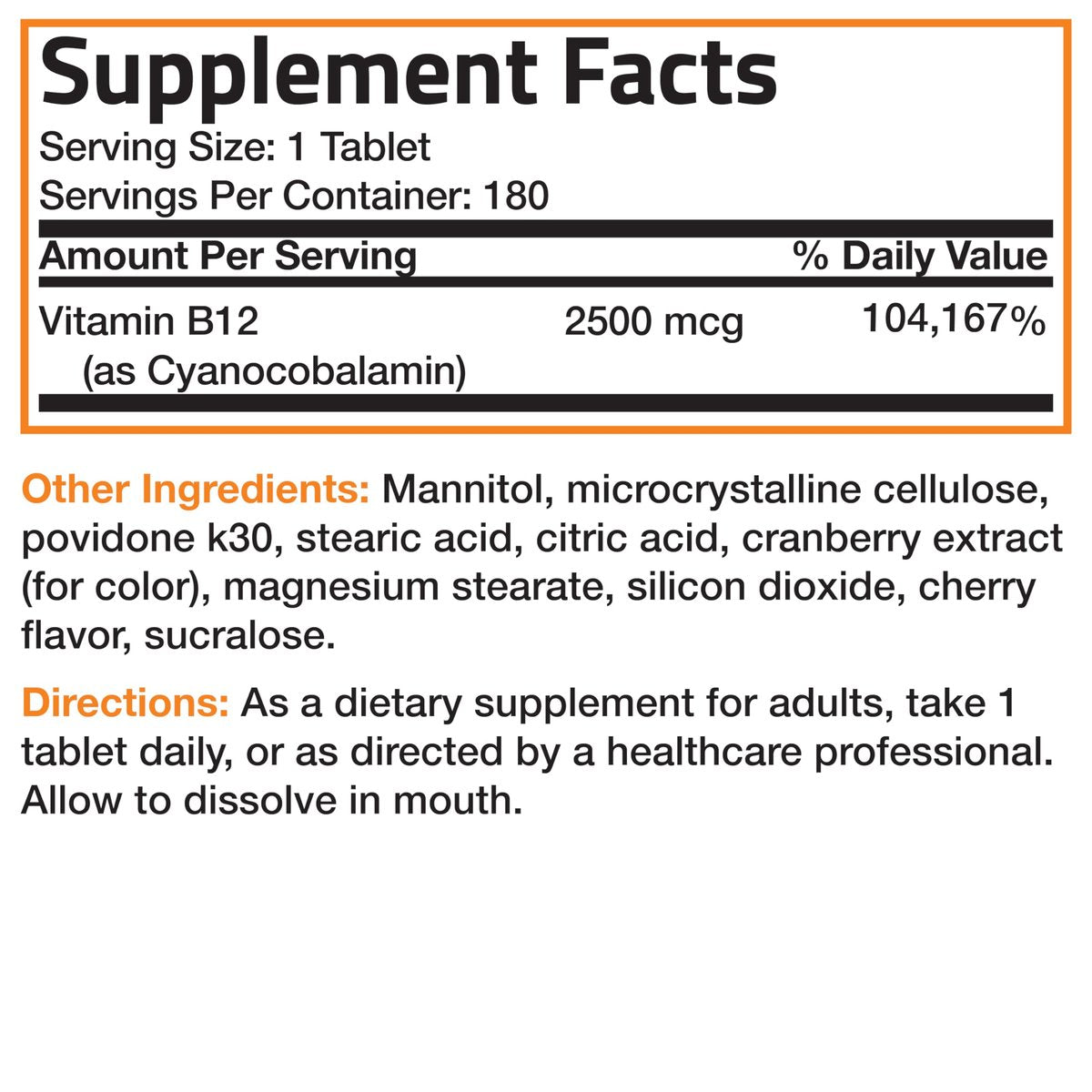 Vitamin B12 2500mcg Energy Shot – Schnell lösliche Kautabletten mit Kirschgeschmack – Unterstützt Nervensystem, Gehirnfunktion & Energieproduktion – 180 Stück