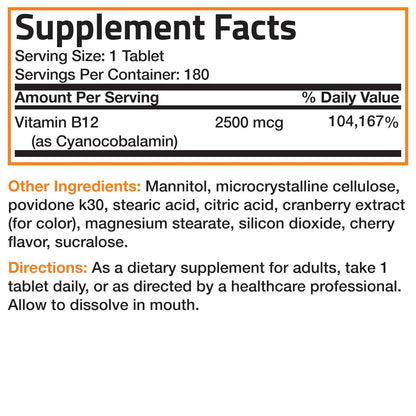 Vitamin B12 2500mcg Energy Shot – Schnell lösliche Kautabletten mit Kirschgeschmack – Unterstützt Nervensystem, Gehirnfunktion & Energieproduktion – 180 Stück