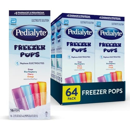 Pedialyte Electrolyt-Lösung Gefrierpops, Hydrations-Variety-Pack – Traube, Blaue Himbeere, Kirsche, Orange, 64 Stück