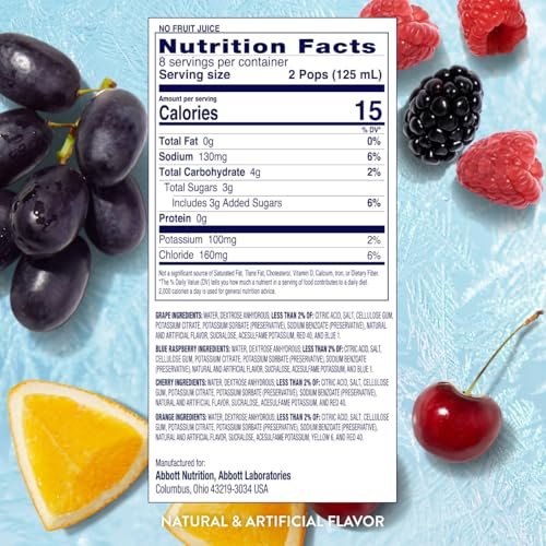 Pedialyte Electrolyt-Lösung Gefrierpops, Hydrations-Variety-Pack – Traube, Blaue Himbeere, Kirsche, Orange, 64 Stück
