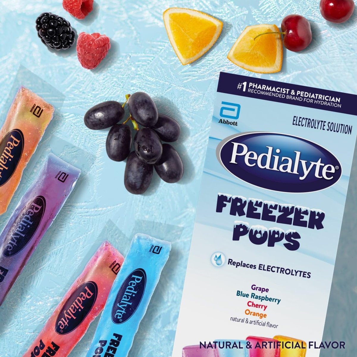Pedialyte Electrolyt-Lösung Gefrierpops, Hydrations-Variety-Pack – Traube, Blaue Himbeere, Kirsche, Orange, 64 Stück