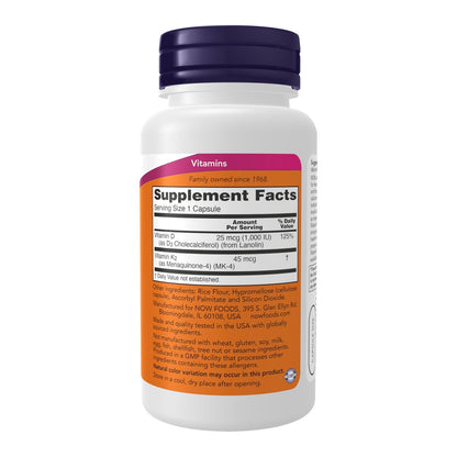 NOW Foods Vitamin D-3 & K-2 – 120 vegane Kapseln, hochdosiert