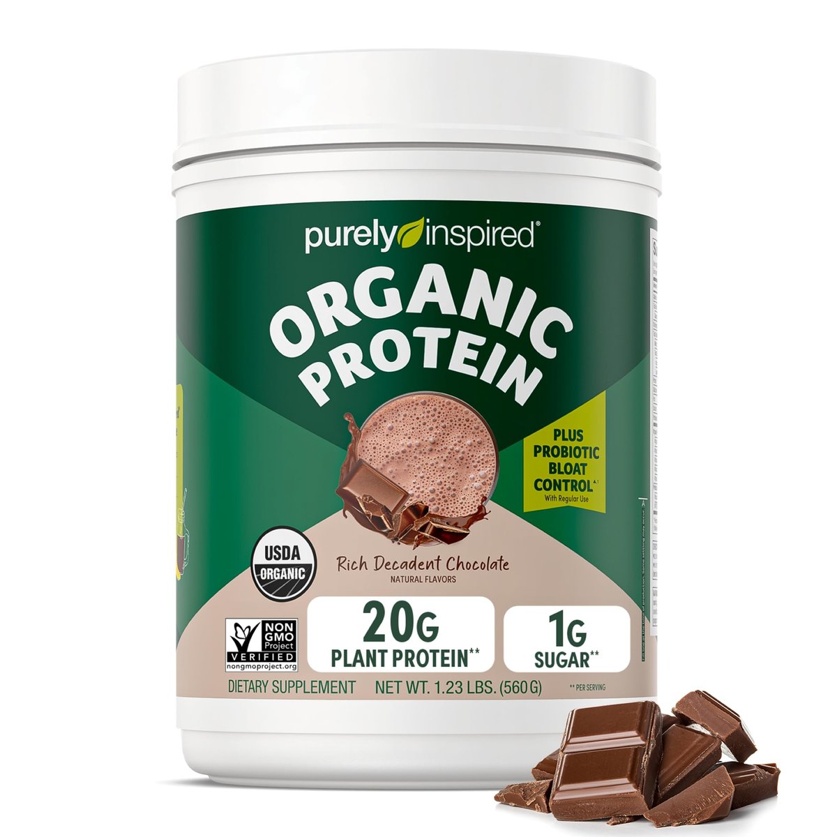 Purely Inspired Bio-Pflanzliches Proteinpulver für Männer & Frauen, Reichhaltiger Decadenter Schokoladengeschmack (16 Portionen) - Vegan & Bio - 20g Erbsenproteinpulver für Smoothies & Shakes - Laktosefrei & Glutenfrei