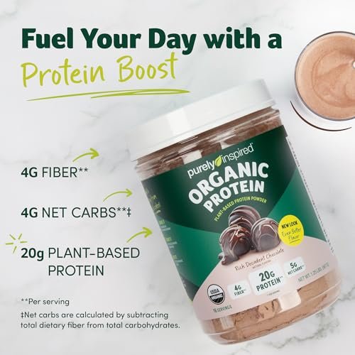 Purely Inspired Bio-Pflanzliches Proteinpulver für Männer & Frauen, Reichhaltiger Decadenter Schokoladengeschmack (16 Portionen) - Vegan & Bio - 20g Erbsenproteinpulver für Smoothies & Shakes - Laktosefrei & Glutenfrei