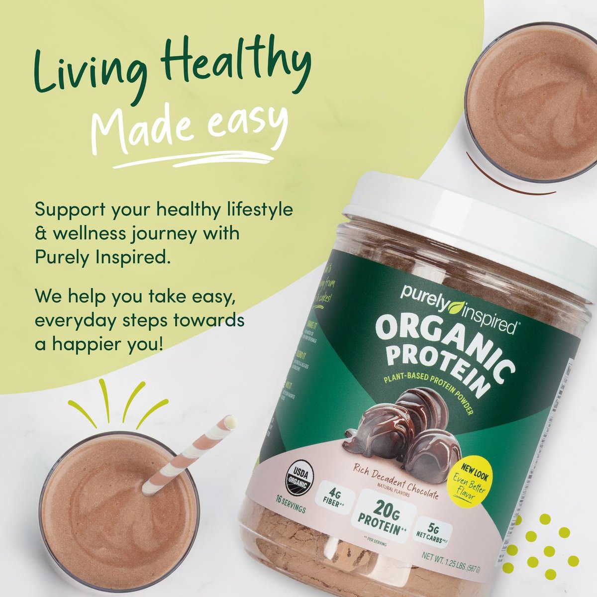 Purely Inspired Bio-Pflanzliches Proteinpulver für Männer & Frauen, Reichhaltiger Decadenter Schokoladengeschmack (16 Portionen) - Vegan & Bio - 20g Erbsenproteinpulver für Smoothies & Shakes - Laktosefrei & Glutenfrei
