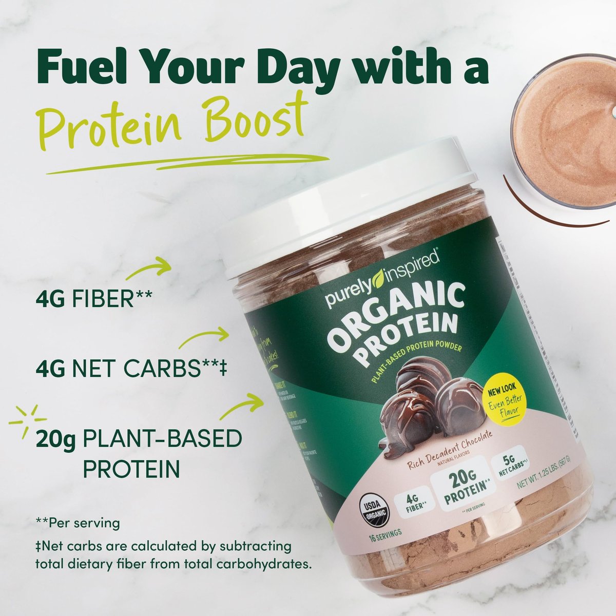 Purely Inspired Bio-Pflanzliches Proteinpulver für Männer & Frauen, Reichhaltiger Decadenter Schokoladengeschmack (16 Portionen) - Vegan & Bio - 20g Erbsenproteinpulver für Smoothies & Shakes - Laktosefrei & Glutenfrei