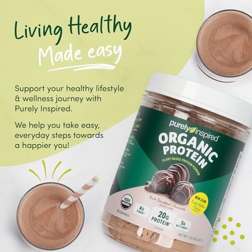 Purely Inspired Bio-Pflanzliches Proteinpulver für Männer & Frauen, Reichhaltiger Decadenter Schokoladengeschmack (16 Portionen) - Vegan & Bio - 20g Erbsenproteinpulver für Smoothies & Shakes - Laktosefrei & Glutenfrei