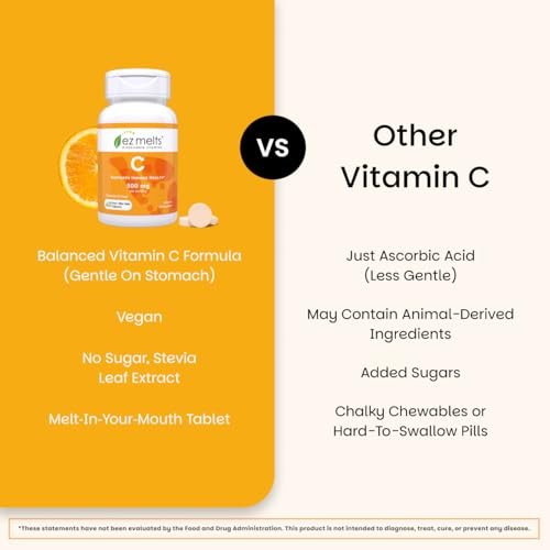 EZ Melts Vitamin C – Tägliche Unterstützung für Antioxidantien & Immunsystem – Ohne künstliche Aromen – Nicht-GMO & Zuckerfrei – Orangen-Zitrus – 60 lösliche Tabletten (30 Portionen)
