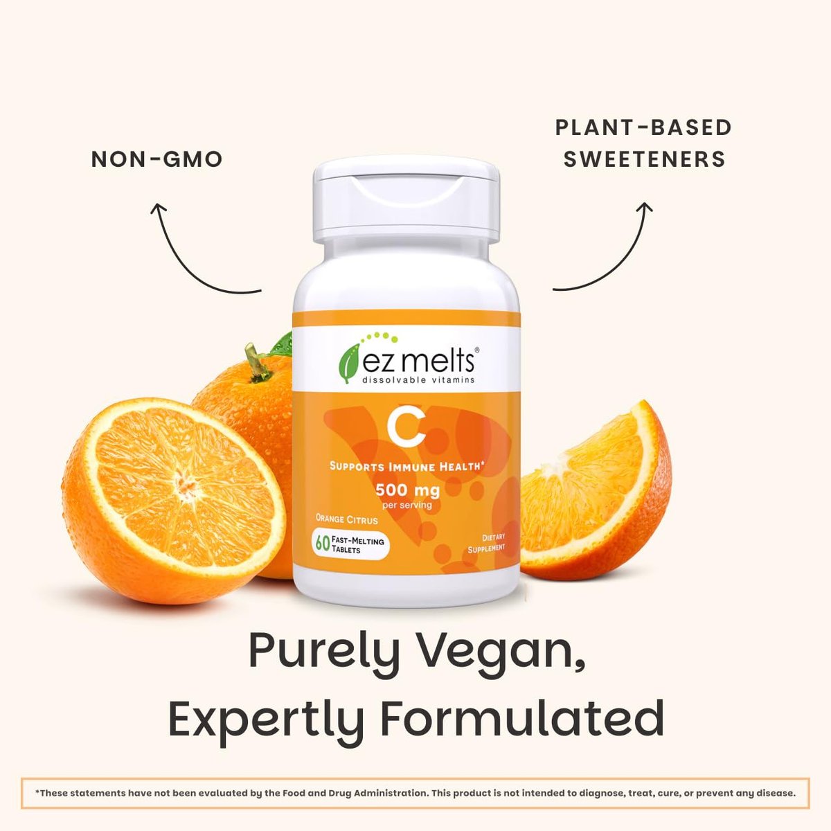 EZ Melts Vitamin C – Tägliche Unterstützung für Antioxidantien & Immunsystem – Ohne künstliche Aromen – Nicht-GMO & Zuckerfrei – Orangen-Zitrus – 60 lösliche Tabletten (30 Portionen)