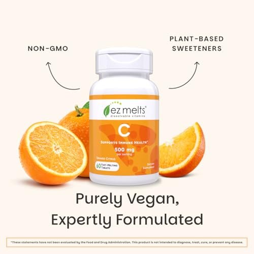 EZ Melts Vitamin C – Tägliche Unterstützung für Antioxidantien & Immunsystem – Ohne künstliche Aromen – Nicht-GMO & Zuckerfrei – Orangen-Zitrus – 60 lösliche Tabletten (30 Portionen)