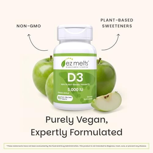 EZ Melts Vitamin D3 5.000 IE lösliche Tabletten – Veganes Vitamin D für Knochen & Zähne – Ohne künstliche Aromen – Pflanzenbasiert & Nicht-GVO – Grüner Apfel – 90 Portionen